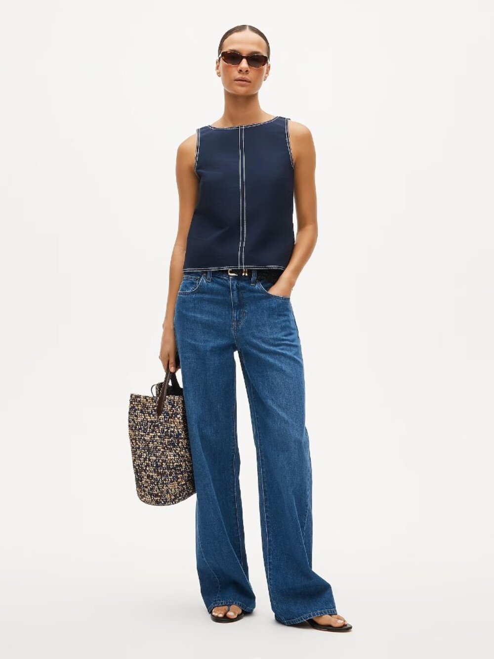 J.Crew Women's Size 2 Navy Contrast-Stitch Shell Top in Double Cotton Poplin